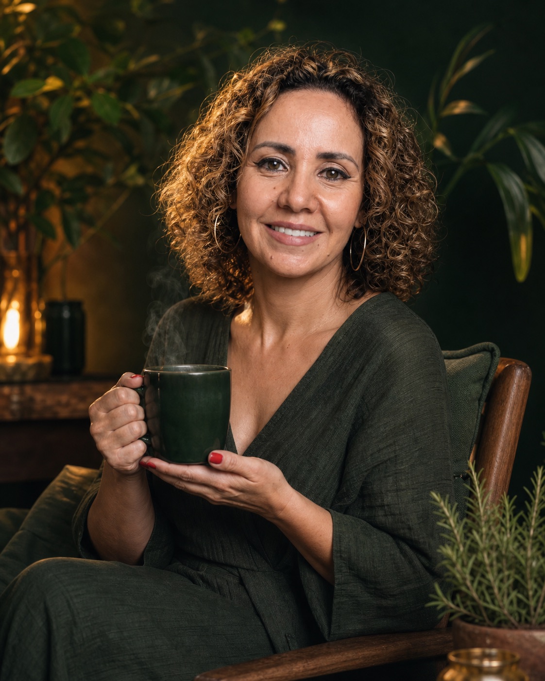 Janaína Mello segurando uma xícara de chá