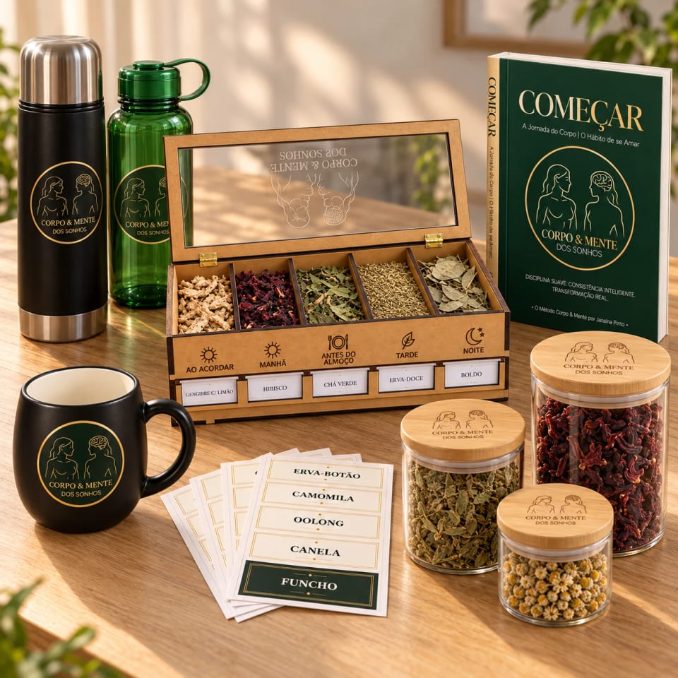 Ritual Premium: organizador premium com ervas, garrafa térmica, garrafa de água, caneca, potes herméticos, etiquetas e o livro COMEÇAR