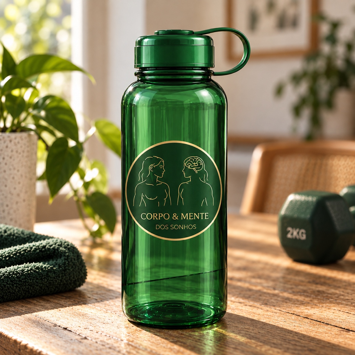 Garrafa de água verde com a marca Corpo & Mente dos Sonhos
