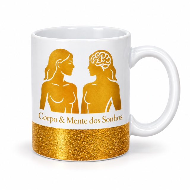 Caneca Corpo & Mente branca com silhueta dourada