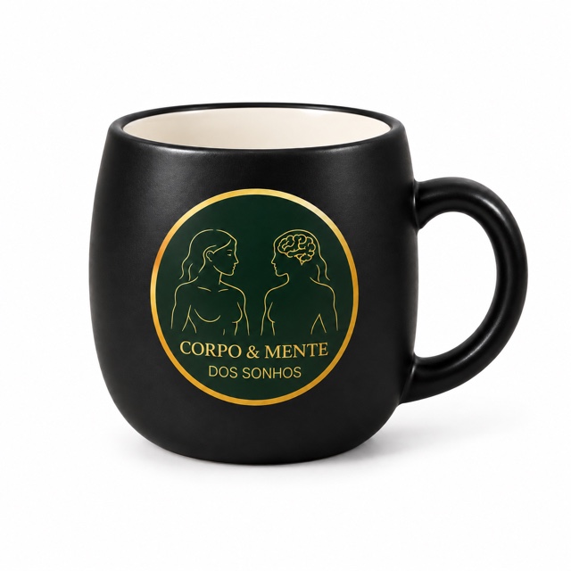 Caneca Corpo & Mente preta, em formato arredondado