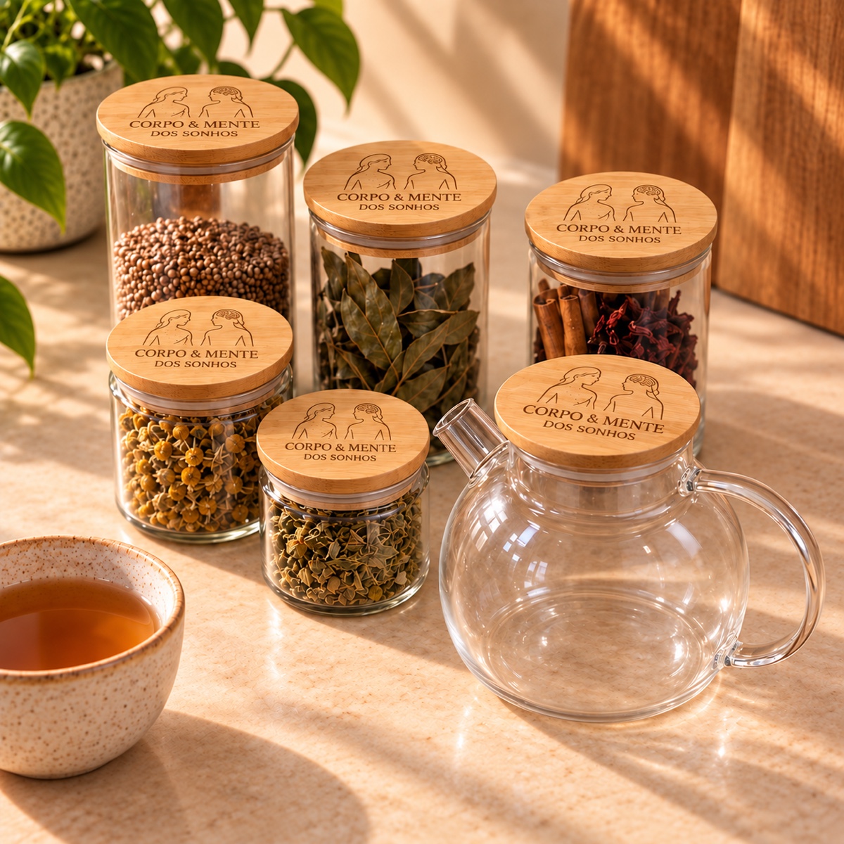 Potes herméticos com tampas de bambu e bule de vidro em uma composição de chá