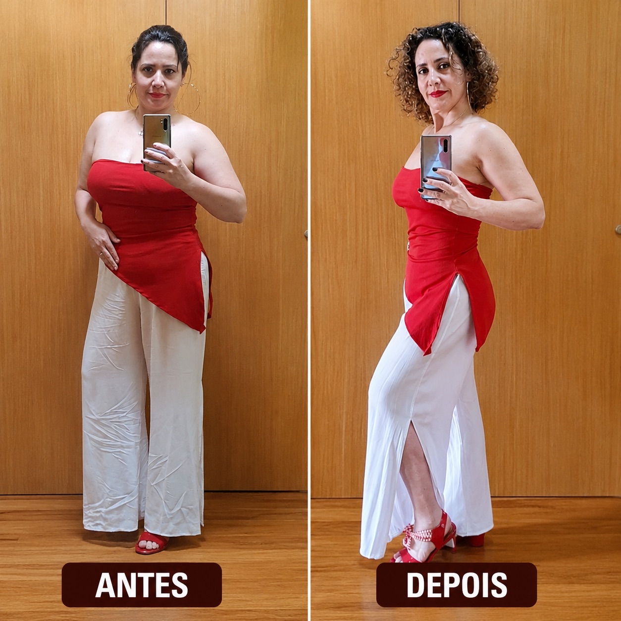 Antes e depois de Janaína com conjunto vermelho